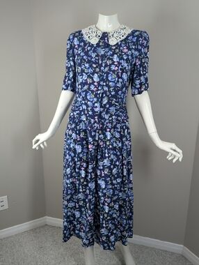 Vintage Karen Stevens Floral Midi Dress Lace Collar Rayon Cottagecore Prairie Dr
